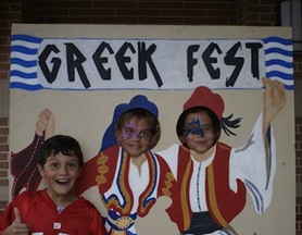 Kids posing in Greek cutout